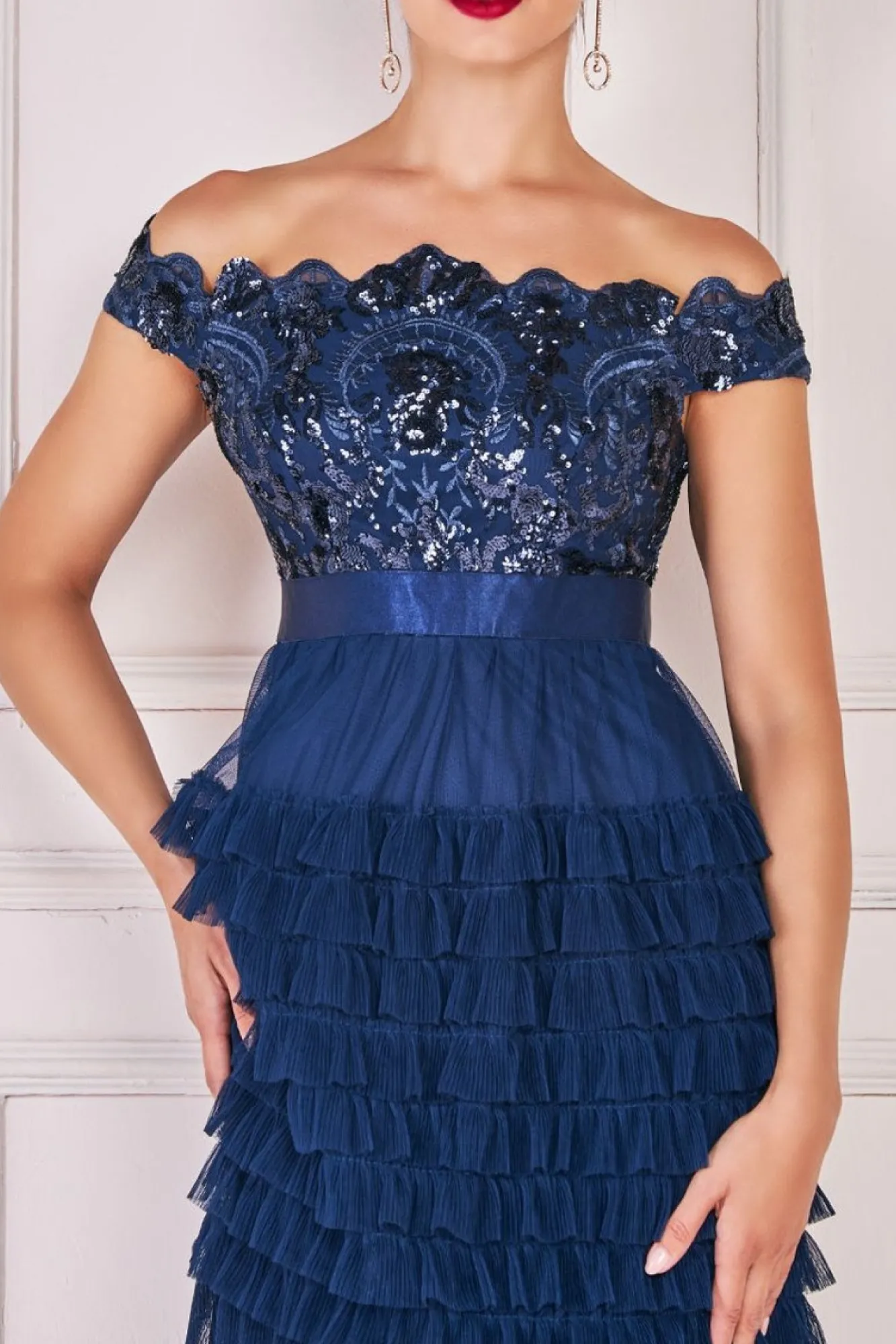Maxi Dresses^* Scallop Bardot Ruffle Mesh Maxi Navy