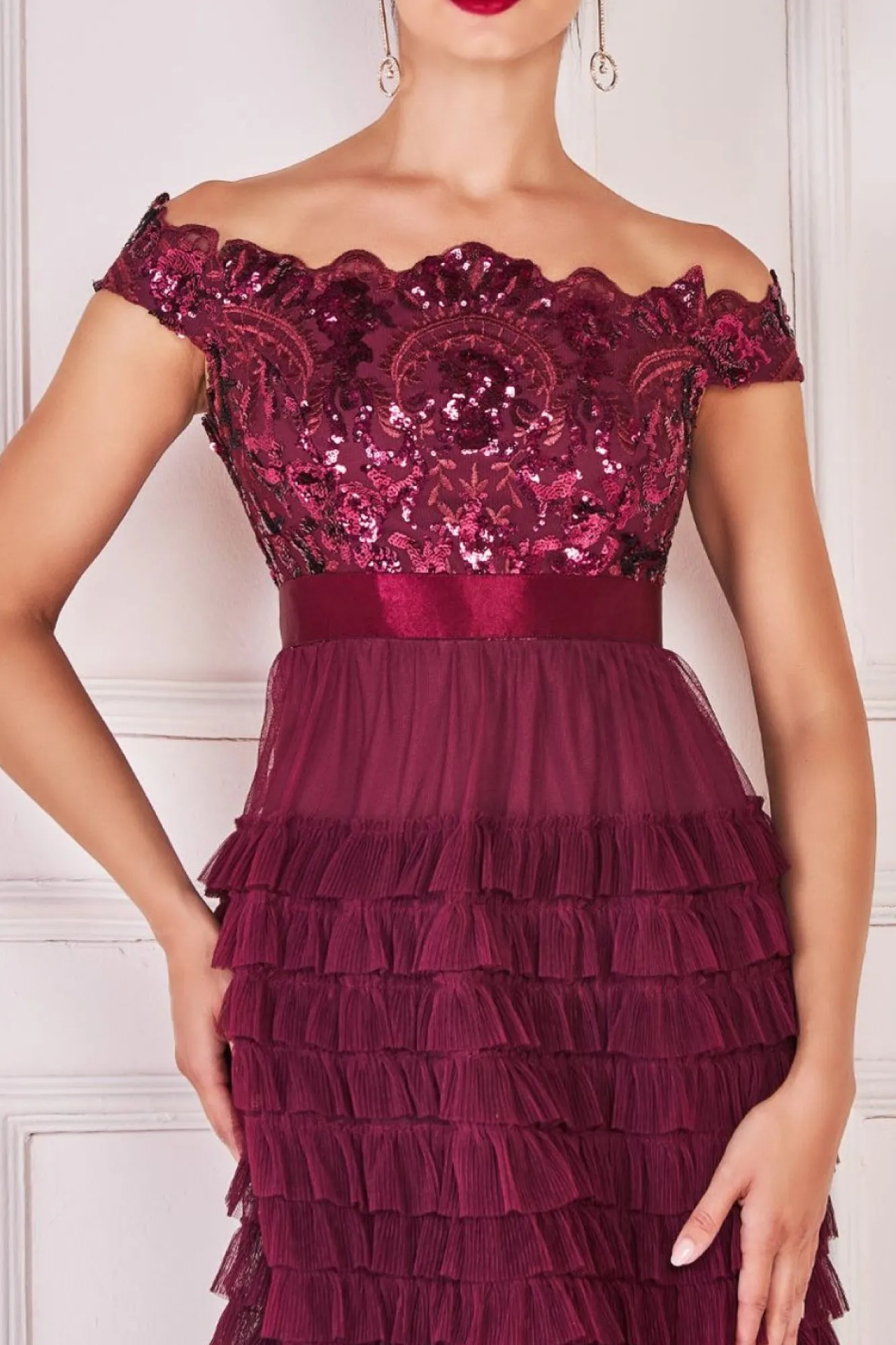 Maxi Dresses^* Scallop Bardot Ruffle Mesh Maxi Burgundy