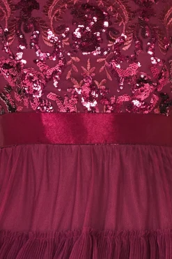 Maxi Dresses^* Scallop Bardot Ruffle Mesh Maxi Burgundy