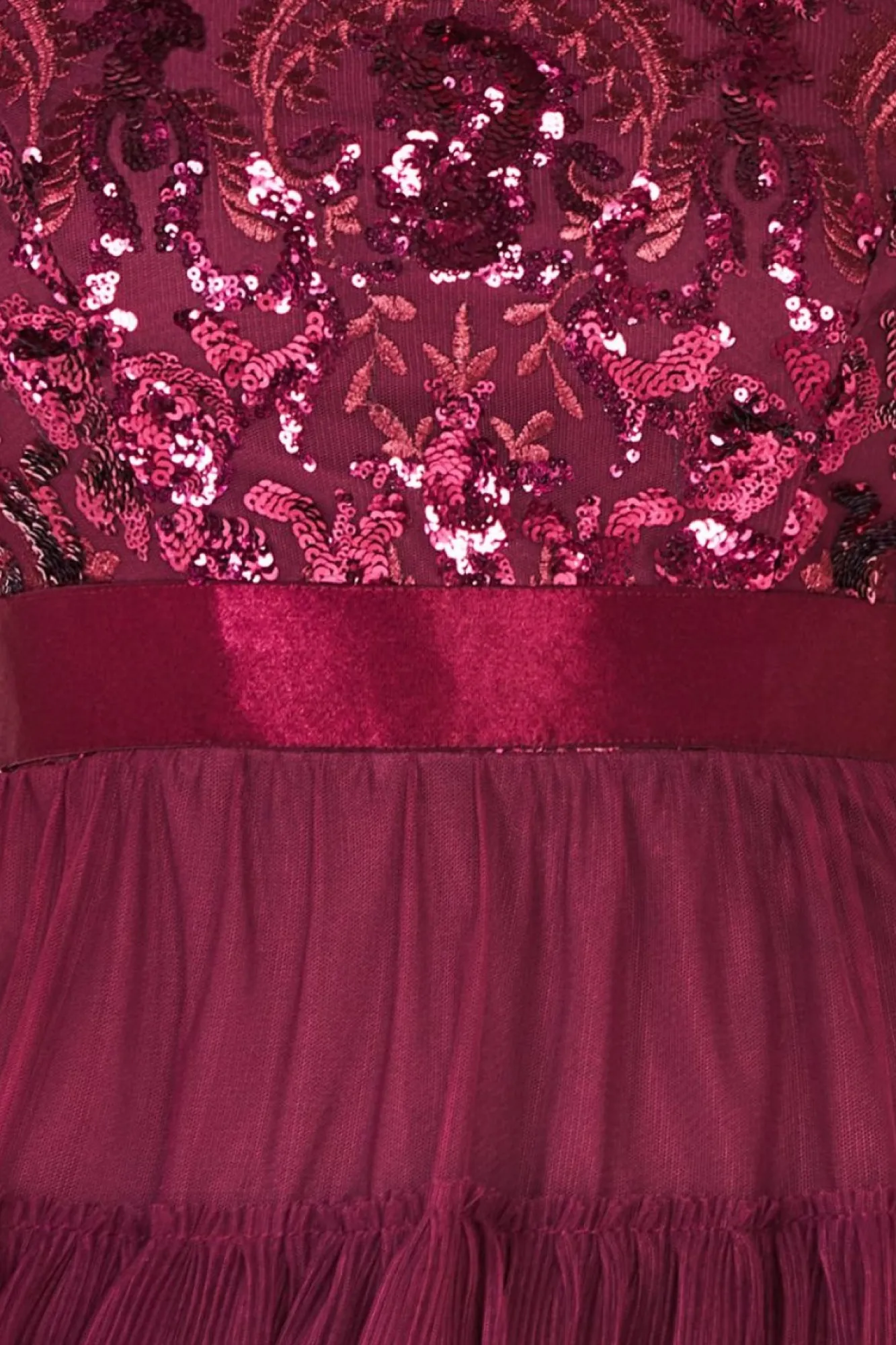 Maxi Dresses^* Scallop Bardot Ruffle Mesh Maxi Burgundy