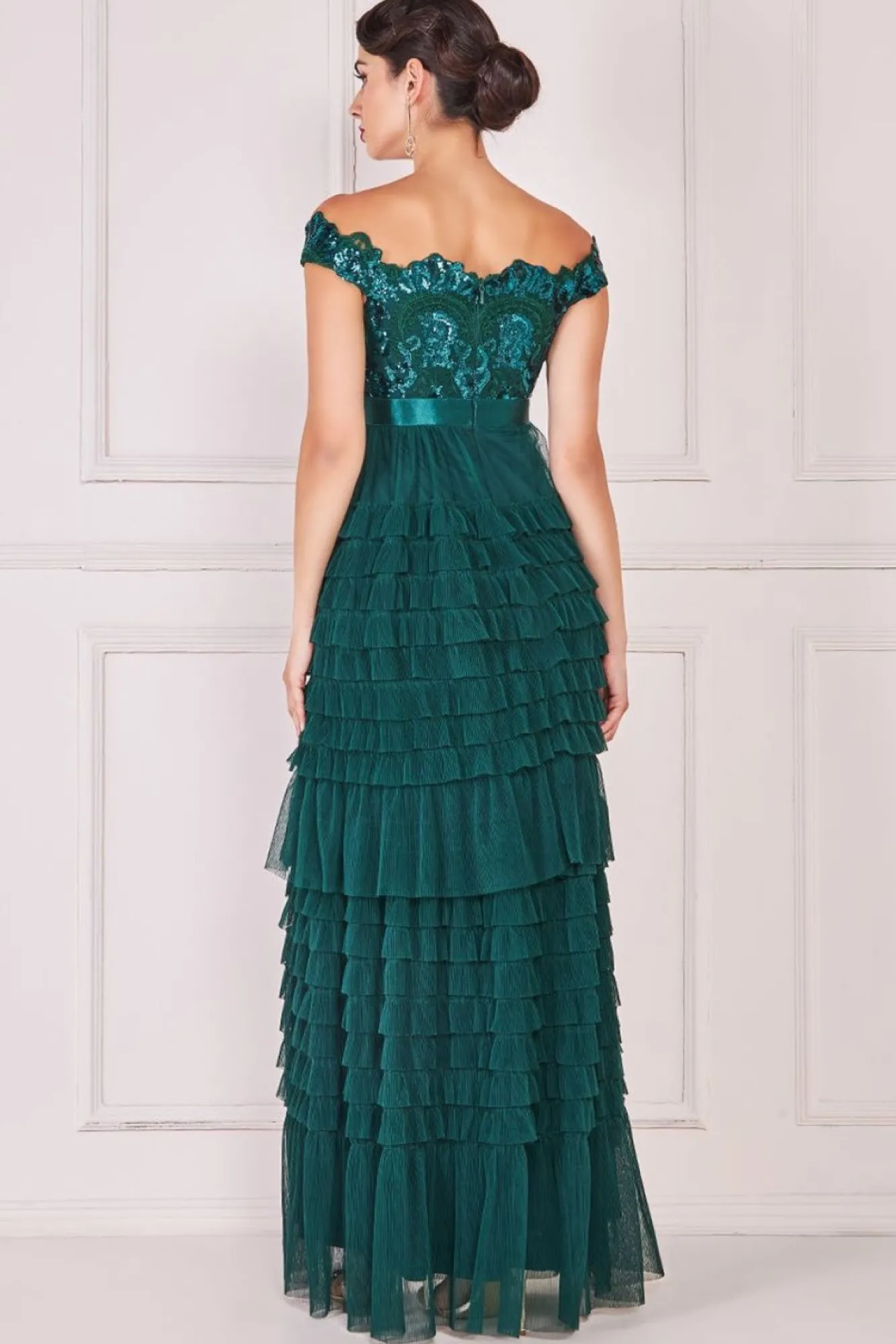 Maxi Dresses^* Scallop Bardot Ruffle Mesh Maxi Emerald