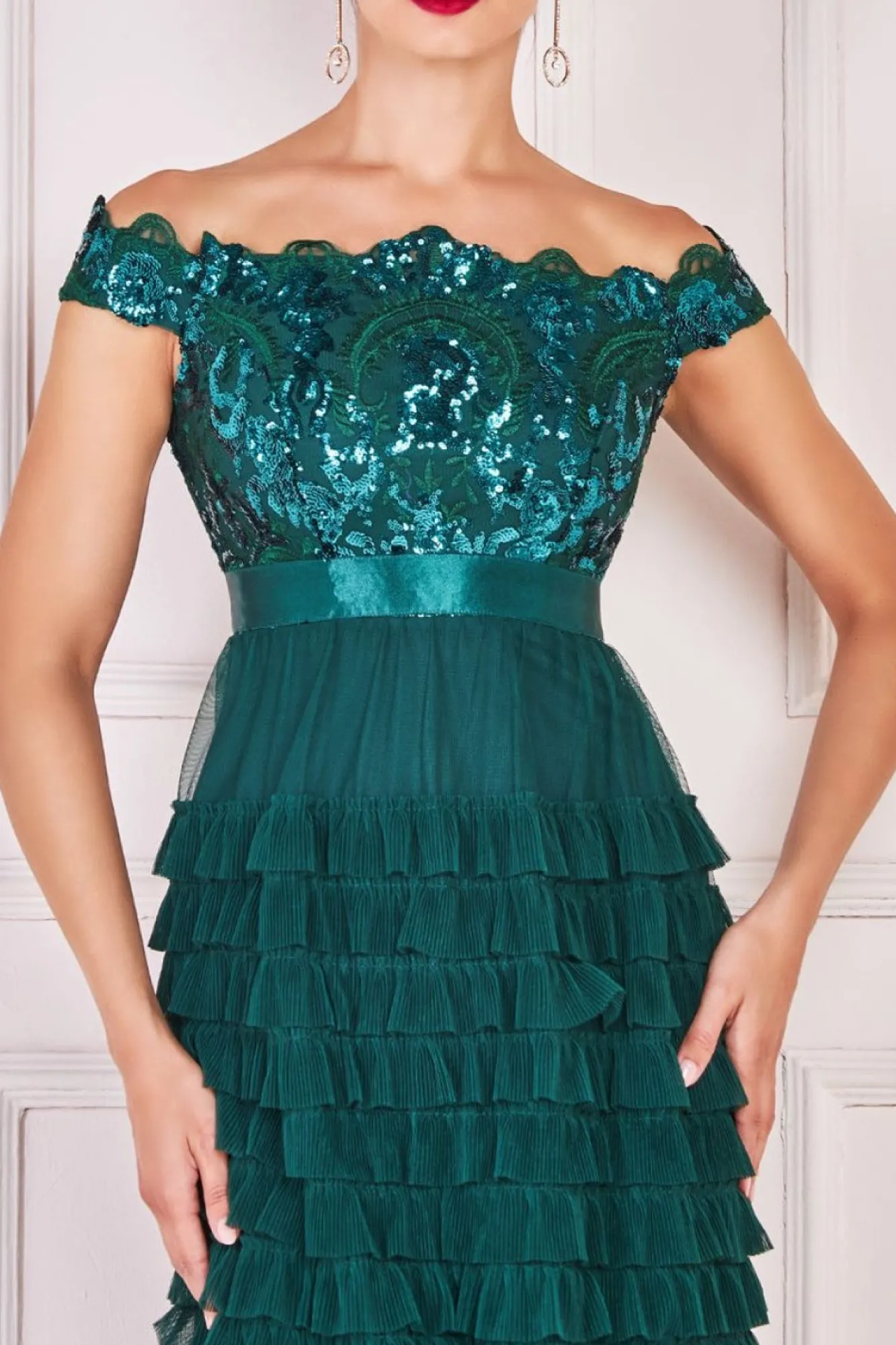Maxi Dresses^* Scallop Bardot Ruffle Mesh Maxi Emerald