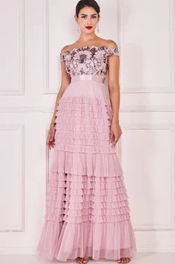Maxi Dresses^* Scallop Bardot Ruffle Mesh Maxi Blush