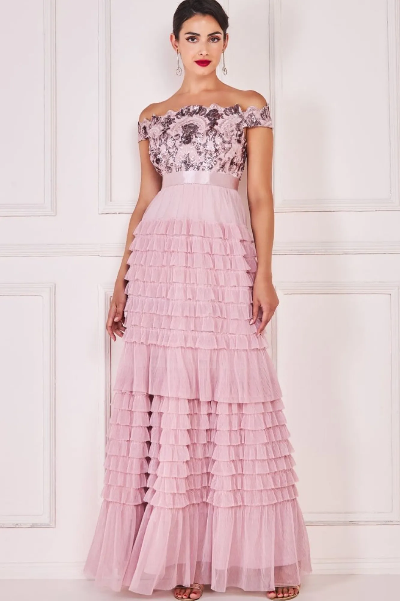 Maxi Dresses^* Scallop Bardot Ruffle Mesh Maxi Blush