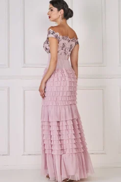 Maxi Dresses^* Scallop Bardot Ruffle Mesh Maxi Blush