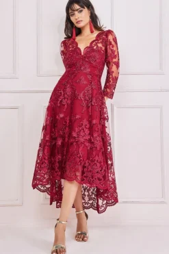 Midi Dresses^* Scalloped Lace Dipped Hem Midi Dress Wine