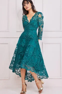 Midi Dresses^* Scalloped Lace Dipped Hem Midi Dress Emerald
