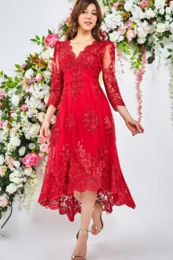 Midi Dresses^* Scalloped Lace High Low Midi Dress Red