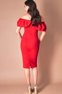 Midi Dresses^* Scuba Crepe Pleated Bardot Midi Red