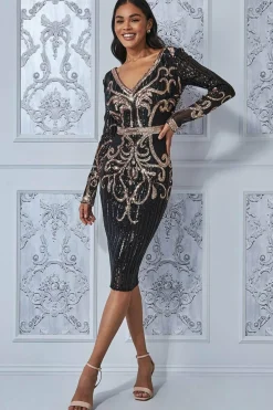 Midi Dresses^* Sequin & Mesh Embroidered Midi Black