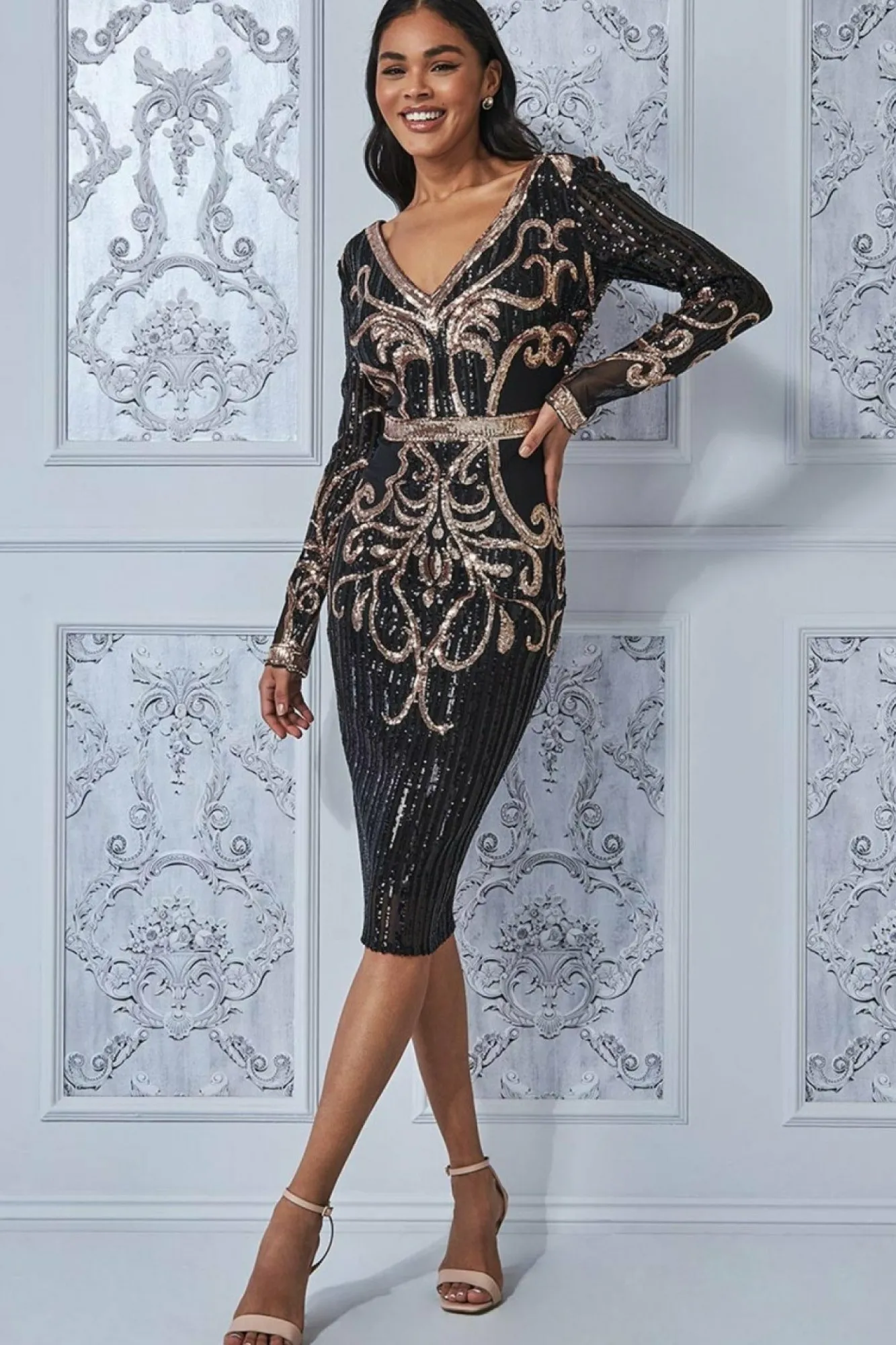Midi Dresses^* Sequin & Mesh Embroidered Midi Black