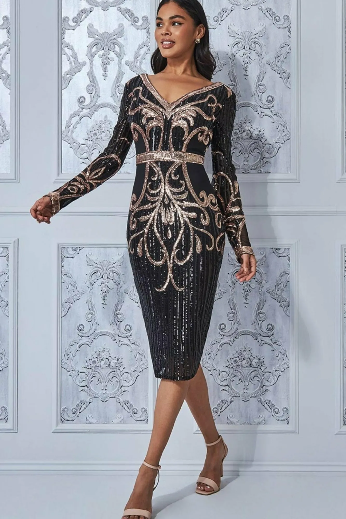 Midi Dresses^* Sequin & Mesh Embroidered Midi Black