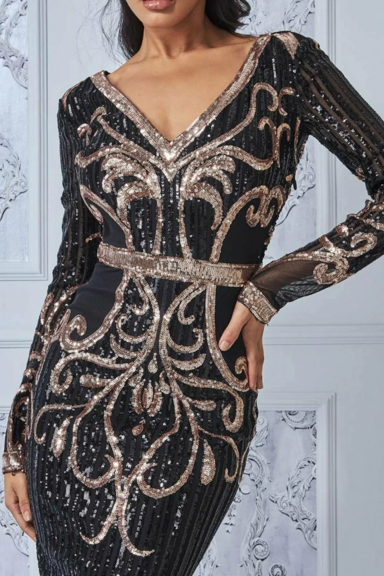 Midi Dresses^* Sequin & Mesh Embroidered Midi Black