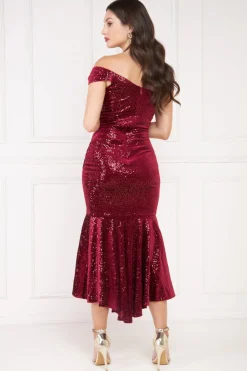 Maxi Dresses^* Sequin & Velvet Bardot High Low Maxi Wine
