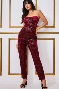 Jumpsuits^* Sequin & Velvet Corset Jumpsuit Wine