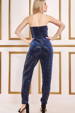 Jumpsuits^* Sequin & Velvet Corset Jumpsuit - Navy Blue