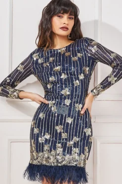 Mini Dresses^* Sequin And Feather Open Back Mini Navy