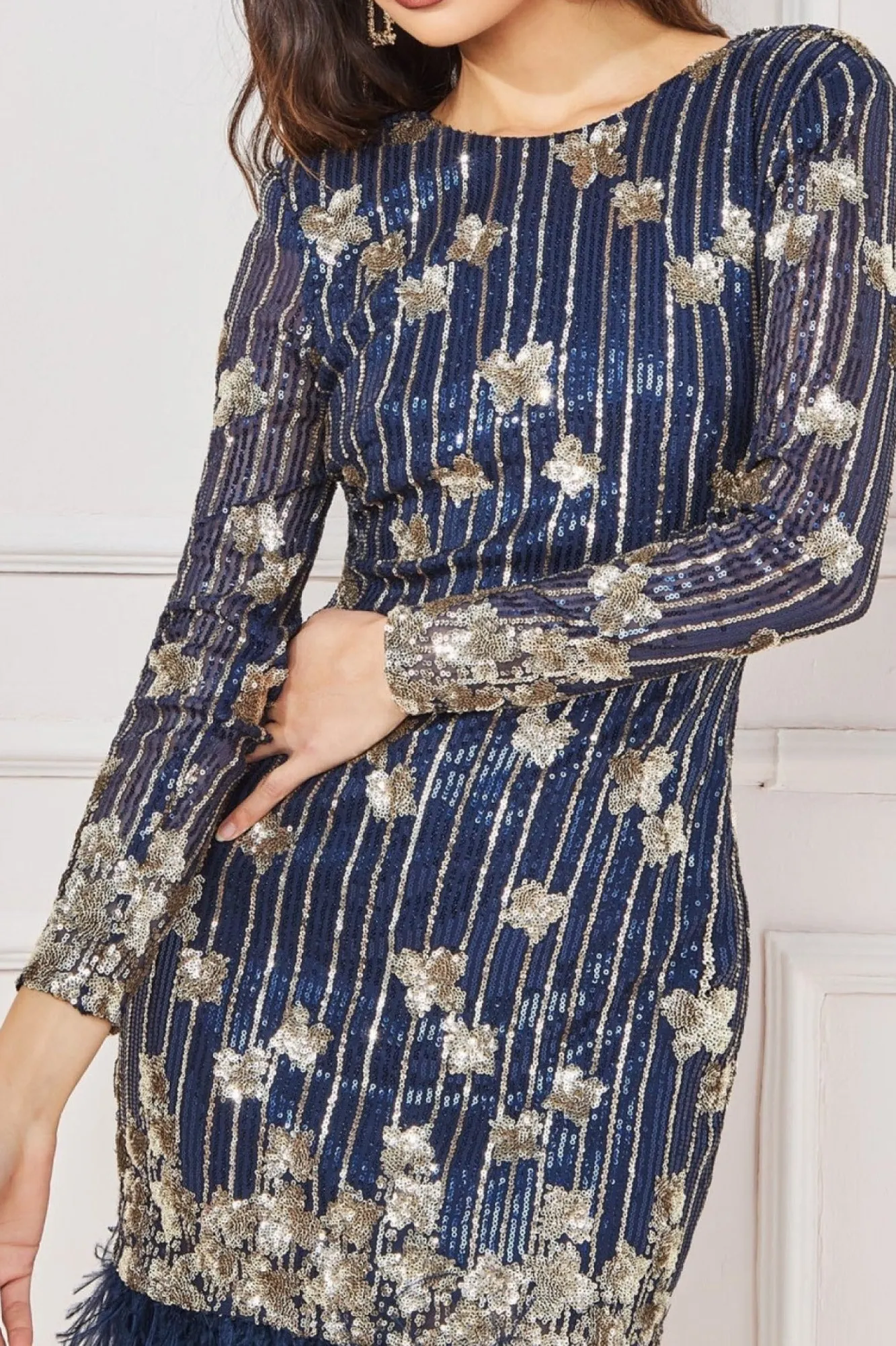 Mini Dresses^* Sequin And Feather Open Back Mini Navy
