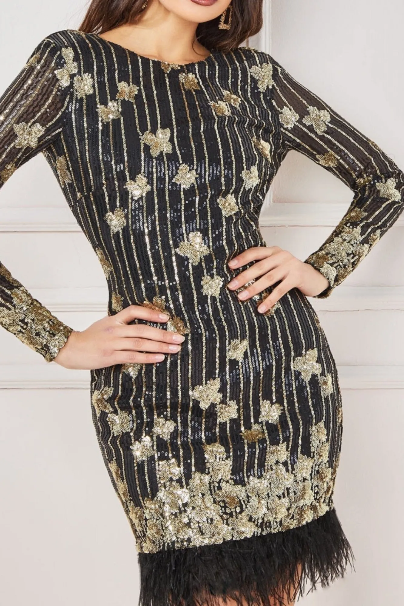 Mini Dresses^* Sequin And Feather Open Back Mini Black