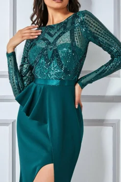 Maxi Dresses^* Sequin Bodice With Front Frill Maxi Emerald