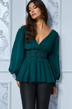 Blouses^* Sequin Chiffon Puffy Sleeve Top Green Emerald