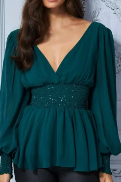 Blouses^* Sequin Chiffon Puffy Sleeve Top Green Emerald