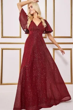 Maxi Dresses^* Sequin Lurex Flutter Sleeve Maxi Dress Wine