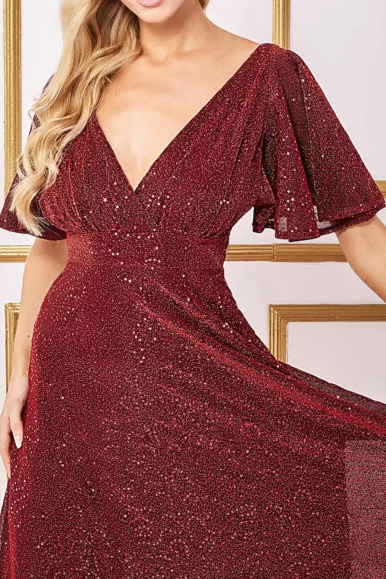 Maxi Dresses^* Sequin Lurex Flutter Sleeve Maxi Dress Wine