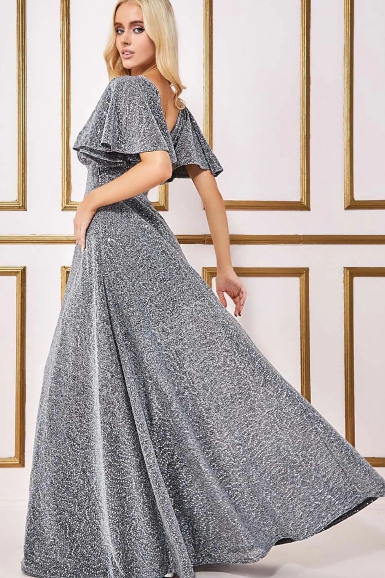 Maxi Dresses^* Sequin Lurex Flutter Sleeve Maxi Dress Silver