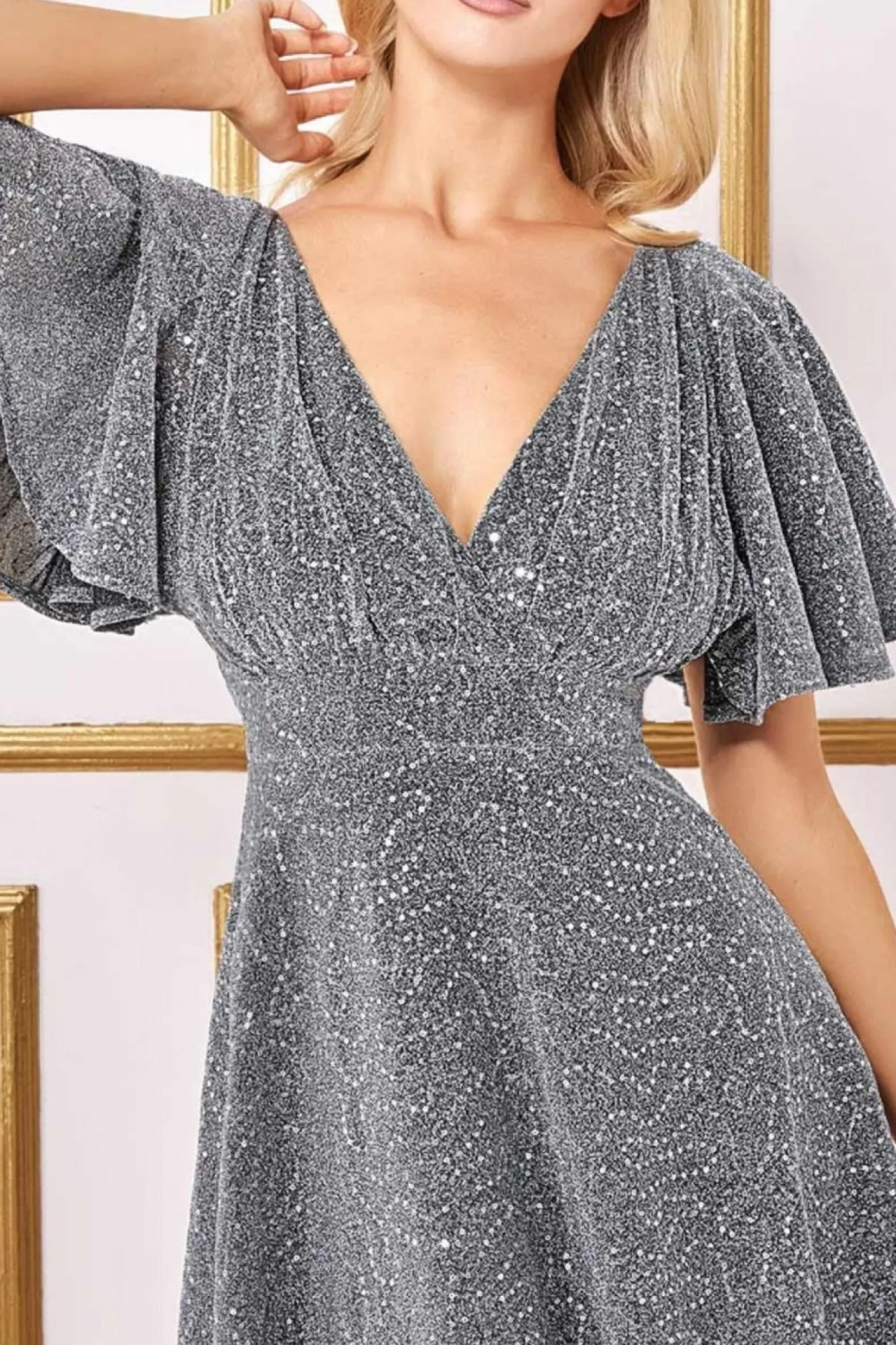 Maxi Dresses^* Sequin Lurex Flutter Sleeve Maxi Dress Silver