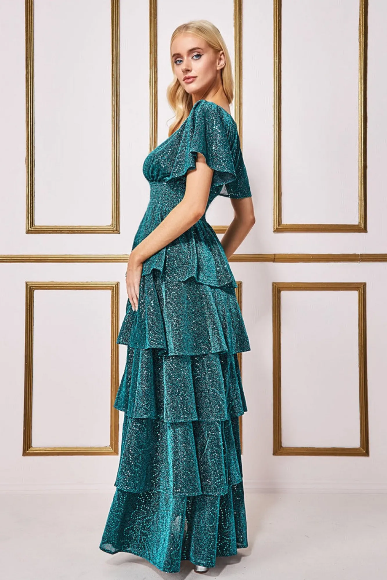 Maxi Dresses^* Sequin Lurex Tiered Maxi Dress - Teal Blue Tealblue