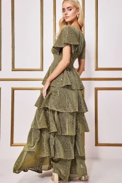 Maxi Dresses^* Sequin Lurex Tiered Maxi Dress Gold