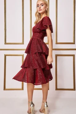 Midi Dresses^* Sequin Lurex Tiered Midi Dress Wine