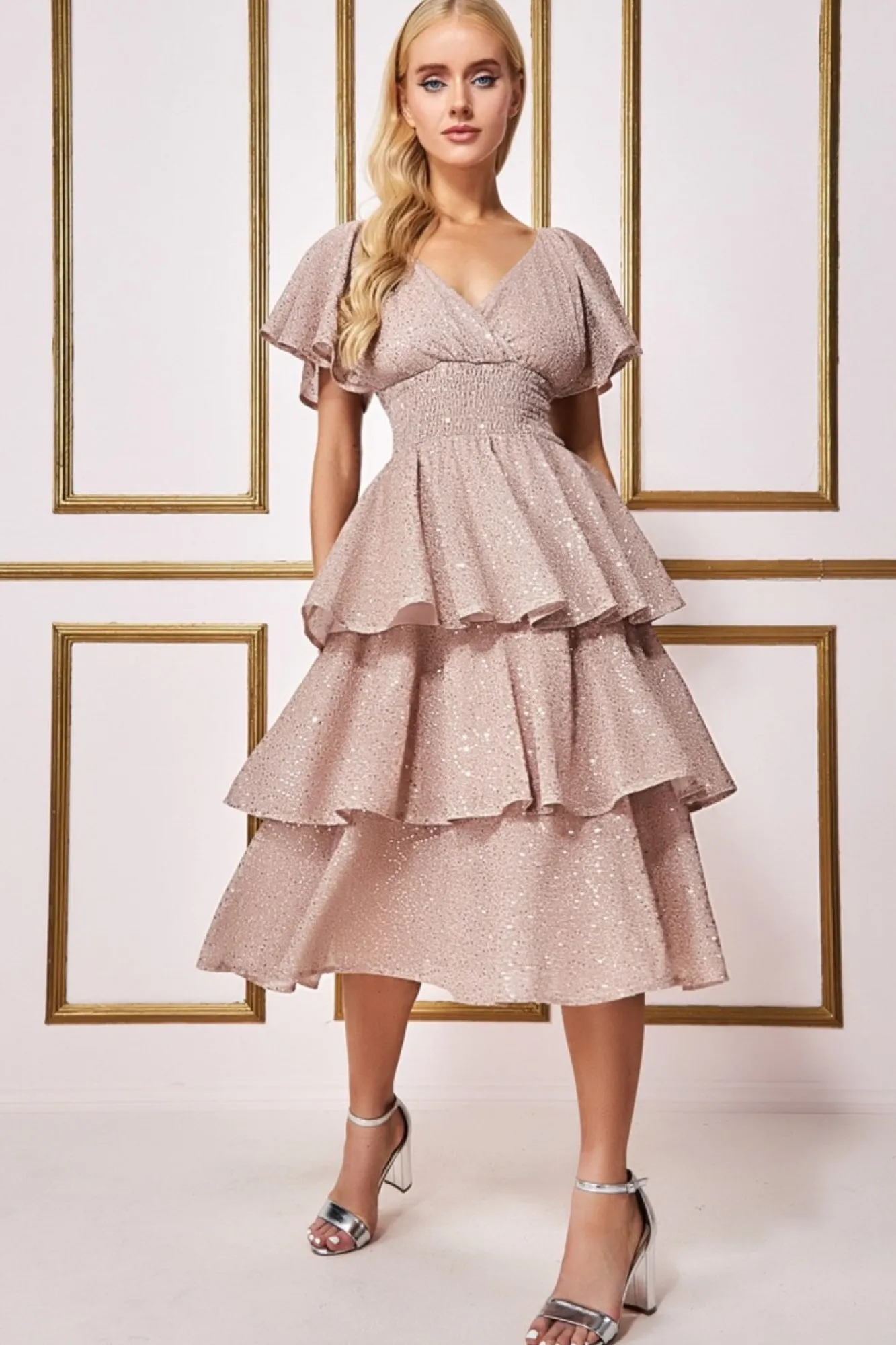 Midi Dresses^* Sequin Lurex Tiered Midi Dress Champagne
