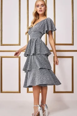 Midi Dresses^* Sequin Lurex Tiered Midi Dress Silver