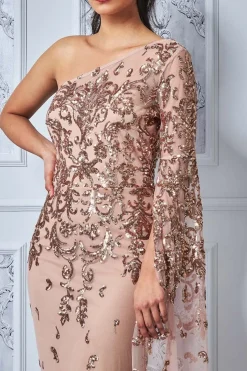 Maxi Dresses^* Sequin Mesh One Shoulder Evening Maxi Champagne