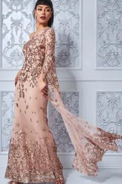 Maxi Dresses^* Sequin Mesh One Shoulder Evening Maxi Champagne