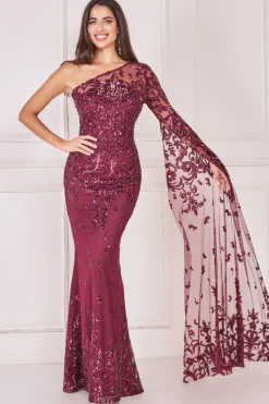 Maxi Dresses^* Sequin Mesh One Shoulder Evening Maxi Burgundy