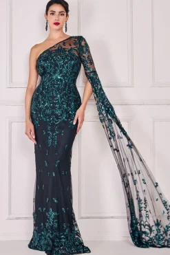 Maxi Dresses^* Sequin Mesh One Shoulder Evening Maxi Emerald