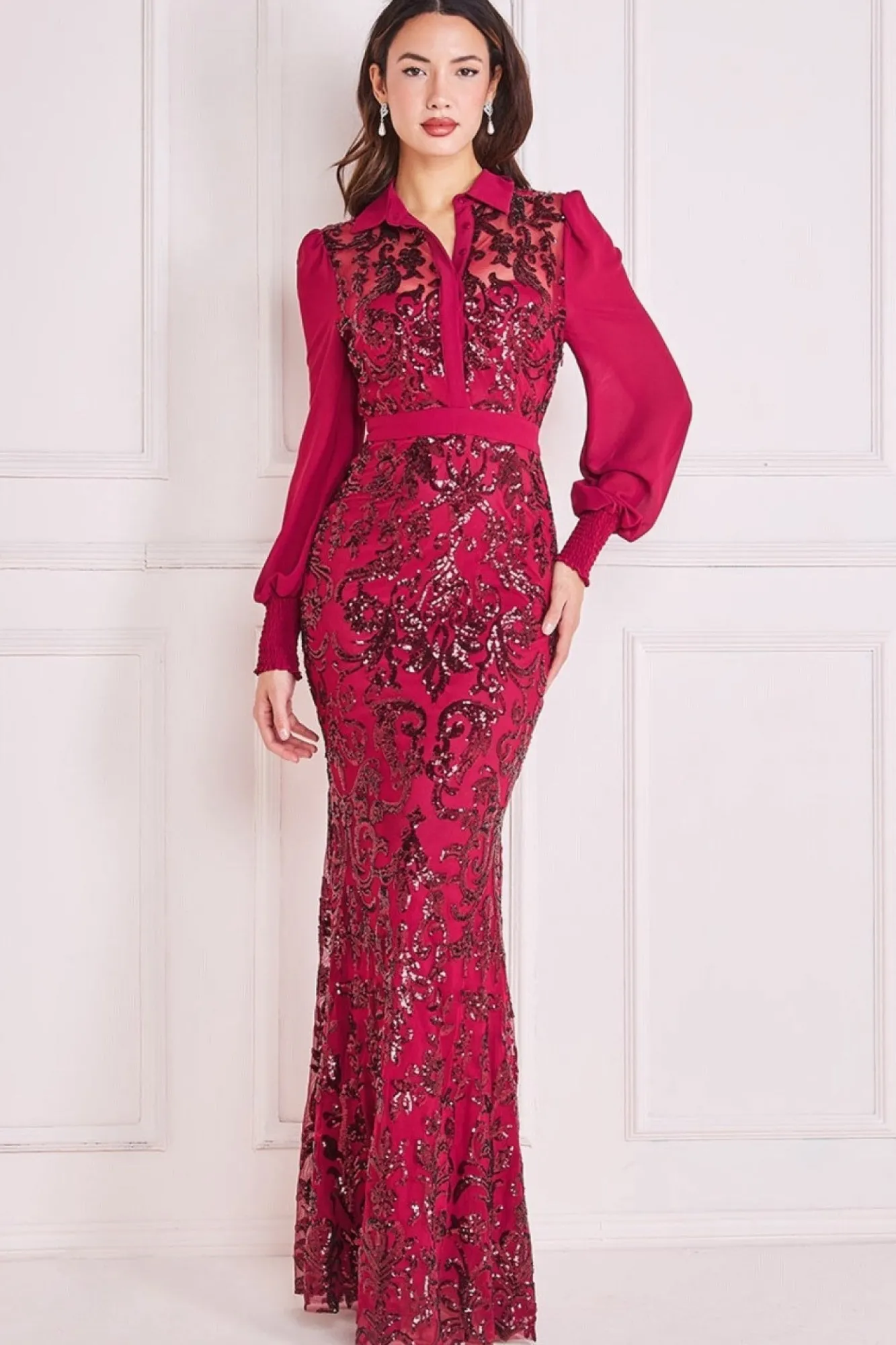 Maxi Dresses^* Sequin Mesh Shirt Maxi Chiffon Sleeves Burgundy