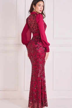 Maxi Dresses^* Sequin Mesh Shirt Maxi Chiffon Sleeves Burgundy