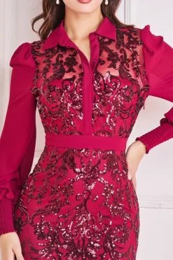 Maxi Dresses^* Sequin Mesh Shirt Maxi Chiffon Sleeves Burgundy
