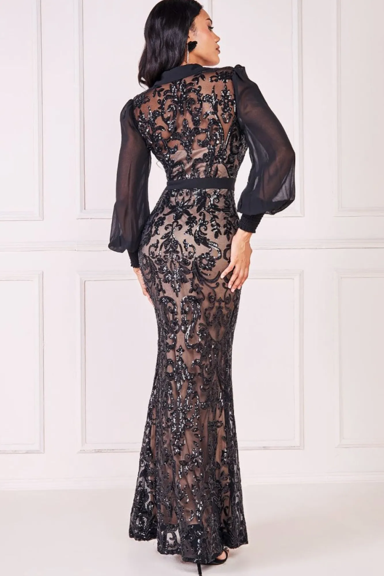 Maxi Dresses^* Sequin Mesh Shirt Maxi Chiffon Sleeves Black