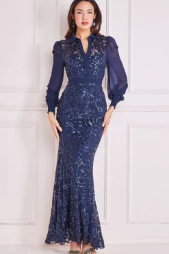 Maxi Dresses^* Sequin Mesh Shirt Maxi Chiffon Sleeves Navy