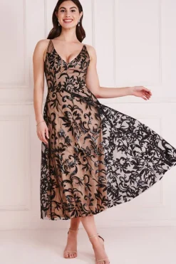 Midi Dresses^* Sequin Mesh V-Neck Flared Skirt Midi Black
