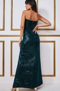 Maxi Dresses^* Sequin Velvet Bandeau Maxi Dress Green Emerald