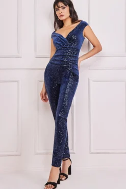 Jumpsuits^* Sequin Velvet Bardot Jumpsuit Navy