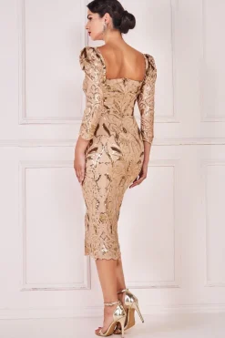 Midi Dresses^* Square Neck Scalloped Lace Midi Champagne