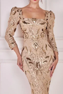 Midi Dresses^* Square Neck Scalloped Lace Midi Champagne