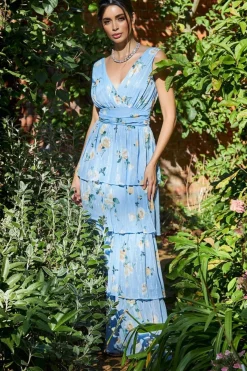 Maxi Dresses^* Tiered Chiffon Floral Maxi - Powder Blue Powderblue